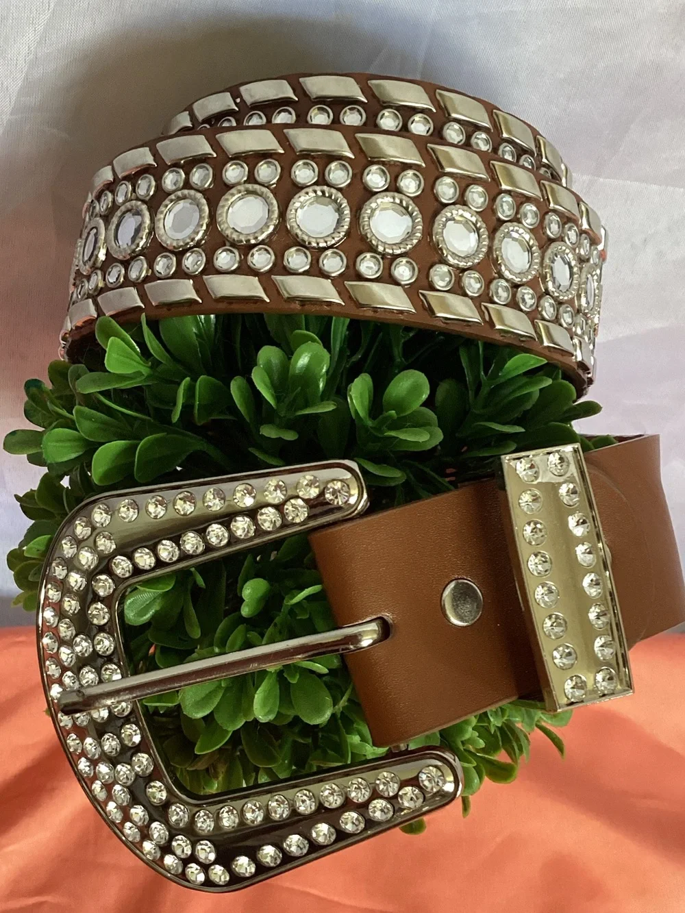Rhinestone Embellished Brown Leather Belt - Women's Accessories